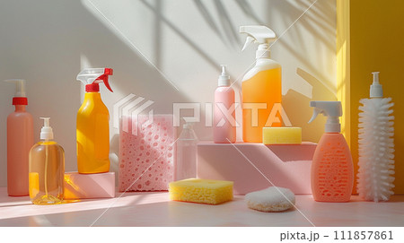 AI-generated content. Colorful cleaning set for different surfaces in kitchen, bathroom and other rooms. Cleaning service concept 111857861