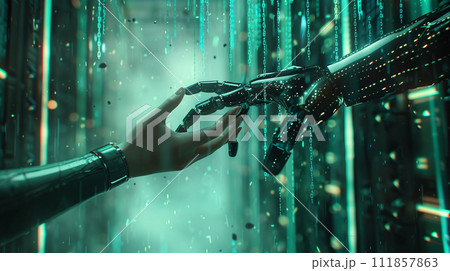 AI-generated content. Human hand touching an android hand on a glass hallway of computer intelligence 111857863