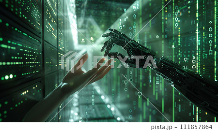 AI-generated content. Human hand touching an android hand on a glass hallway of computer intelligence 111857864
