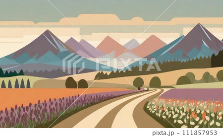 ポップな田舎道のイラスト　並木道　一本道 111857953