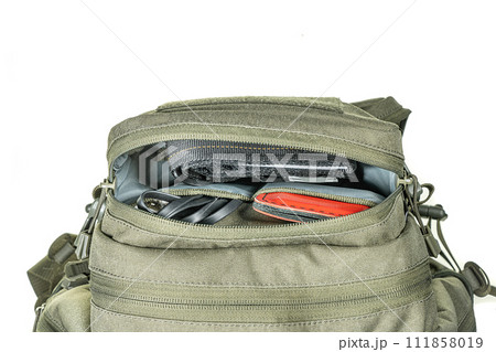 Backpack bag gear protective color khaki, tactical sports equipment isolated on white background Backpack bag gear protective color khaki, tactical sports equipment isolated on white background 111858019