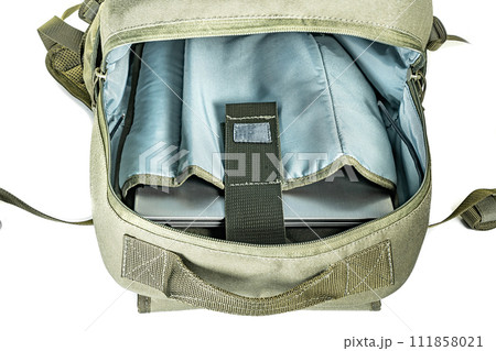 Backpack bag gear protective color khaki, tactical sports equipment isolated on white background 111858021