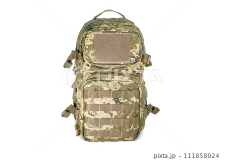 Backpack bag gear protective color khaki, tactical sports equipment isolated on white background Backpack bag gear protective color khaki, tactical sports equipment isolated on white background 111858024