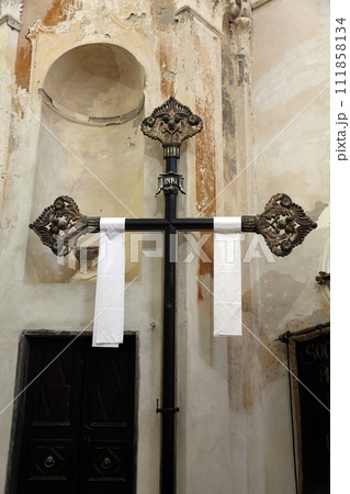Cross in the Oratory of the Dead in the Old Town at Monterosso al Mare Cinque Terre Liguria Italy Cross in the Oratory of the Dead in the Old Town at Monterosso al Mare Cinque Terre Liguria Italy 111858134