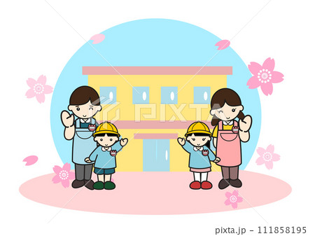 幼稚園児と先生と桜の咲いた春の風景のイラスト 111858195