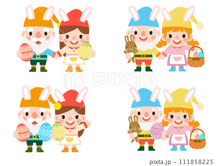 Easter gnomes with bunny rabbit ears, Cute woman wearing bunny ears and Easter eggs 111858225