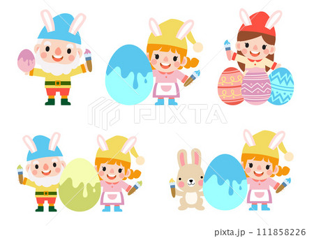Easter gnomes with bunny rabbit ears, Cute woman wearing bunny ears and Easter eggs Easter gnomes with bunny rabbit ears, Cute woman wearing bunny ears and Easter eggs 111858226