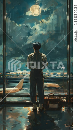 AI-generated content. Watercolor art. Silhouette of young man, standing in airport on rainy day, looking in window at runway with planes. 111859133