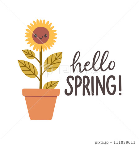 Hello spring quotes. Floral springtime hand drawn prints design. Positive phrases for stickers, postcards or posters 111859613