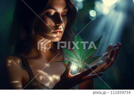 Mystical Cannabis Leaf and Woman 111859734