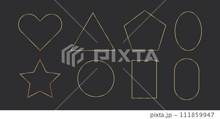 Set golden thin line frames different shapes heart, star, oval on the dark background. Perfect border design for headline, text decor and sale banner. Vector 111859947