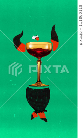 Glass of delicious alcohol drink and draw human character against green background. Contemporary art collage. 111860118