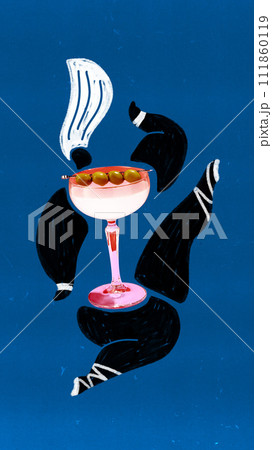 Refreshing sweet and sour Margarita cocktail with drawn abstract female character against blue background. Contemporary art collage. 111860119