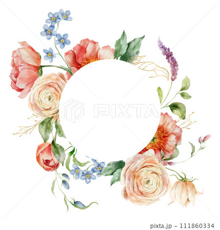 Watercolor floral circle frame of ranunculi, peonies and gold leaves. Hand painted card of flowers isolated on white background. Holiday flowers Illustration for design, print or background. Watercolor floral circle frame of ranunculi, peonies and gold leaves. Hand painted card of flowers isolated on white background. Holiday flowers Illustration for design, print or background. 111860334