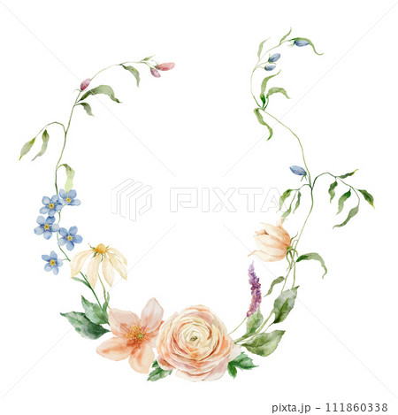 Watercolor floral wreath of bouquet with anemone, narcissus, daisy and leaves. Hand painted card isolated on white background. Holiday flowers Illustration for design, print, fabric or background. Watercolor floral wreath of bouquet with anemone, narcissus, daisy and leaves. Hand painted card isolated on white background. Holiday flowers Illustration for design, print, fabric or background. 111860338