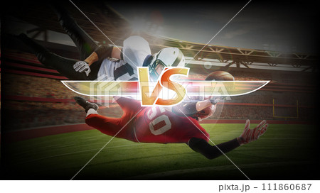 Creative banner for versus battles with blurred photo of American football players in motion on sport field. Templates. 111860687