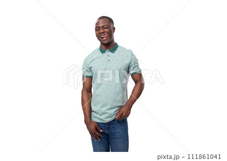 young happy positive short haired american man dressed in mint summer t-shirt on white background young happy positive short haired american man dressed in mint summer t-shirt on white background 111861041