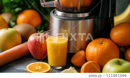AI-generated content. Closeup on a juicer filled with ripe oranges, apples, and bananas being prepared for extraction 111861066