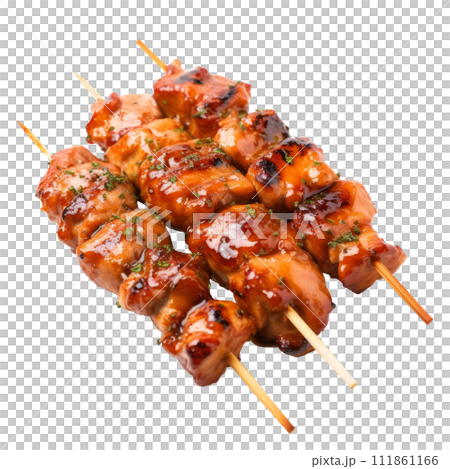 Succulent chicken meat on these yakitori. Delicious chicken pieces on skewers cooked on the grill. Succulent chicken meat on these yakitori. Delicious chicken pieces on skewers cooked on the grill. 111861166