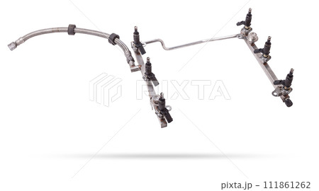 Close-up on a car fuel injector for supplying gasoline to cylinder engine on a white isolated background. Spare parts catalog. 111861262