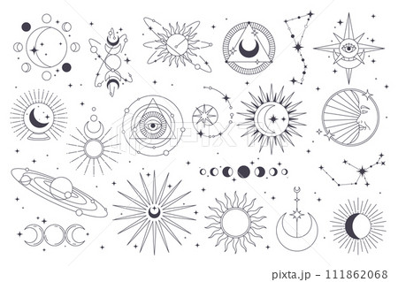 Set of astronomy or astrology icon. Vector celestial or sky sign. Moon and sun, saturn planet and horoscope constellation print. Universe and cosmos, galaxy and lunar label or sticker, design element Set of astronomy or astrology icon. Vector celestial or sky sign. Moon and sun, saturn planet and horoscope constellation print. Universe and cosmos, galaxy and lunar label or sticker, design element 111862068