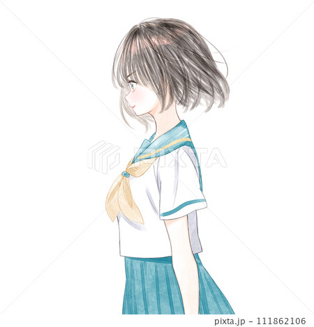 セーラー服を着る女子高生　笑顔で横向きのイメージイラスト 111862106