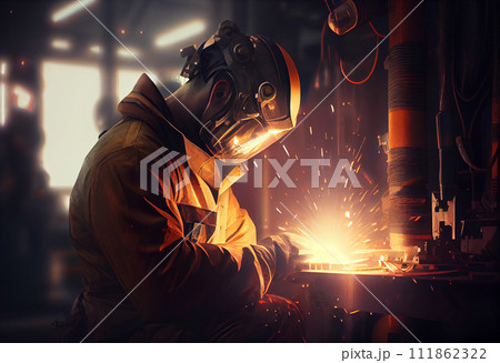 Workers wearing industrial uniforms and Welded Iron Mask at Steel welding plants, industrial safety first concept. Workers wearing industrial uniforms and Welded Iron Mask at Steel welding plants, industrial safety first concept. 111862322