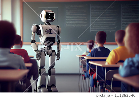 Schools of future. Smart self automated robot looking at the pupils while giving them a lesson 111862340