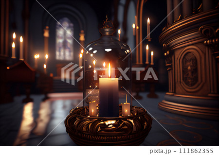 Lit candles in the temple 111862355
