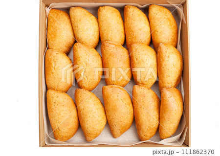 Gastronomic box, food, home delivery of ready meals. Food for holiday, dinner, corporate. Catering. A set of pies 111862370