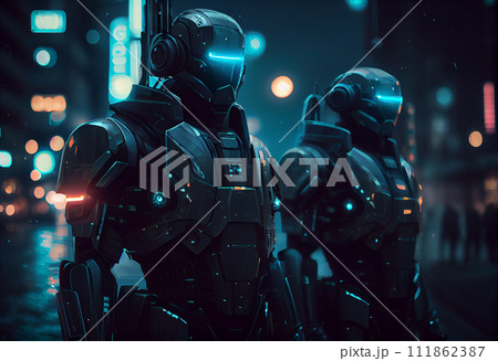 Cyberpunk soldier, neon highlights and neon contour. Cyberpunk soldier city patrol, illustration of science fiction military robot. Concept art, Digital painting. 111862387