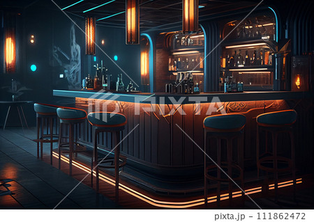 bar counter with chairs in empty comfortable restaurant at night 111862472