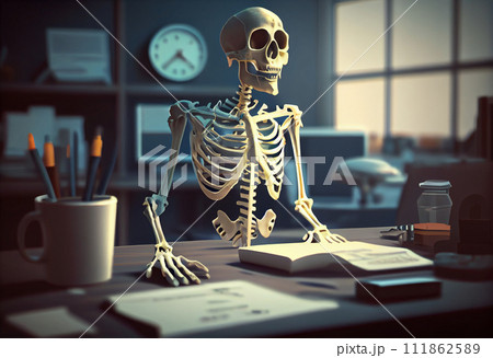 Human skeleton using laptop at table in office 111862589