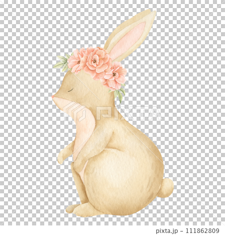 Bunny with flowers watercolor illustration. Hand drawn forest Hare with roses in pastel colors for Baby shower greeting cards or childish party invitations. Woodland Hare for kids. animal for nursery. Bunny with flowers watercolor illustration. Hand drawn forest Hare with roses in pastel colors for Baby shower greeting cards or childish party invitations. Woodland Hare for kids. animal for nursery. 111862809