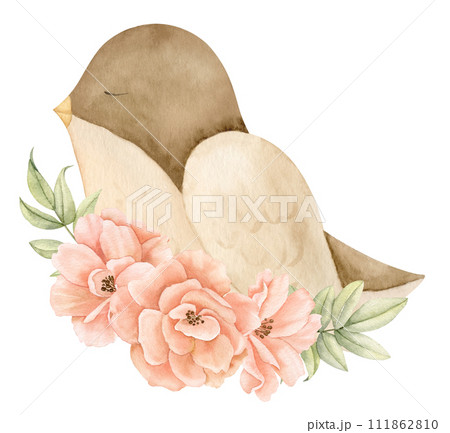 Bird with rose flowers. Watercolor illustration of forest animal with plants in pastel colors. Drawing of woodland character for baby shower greeting cards or childish invitations. Design for kids. Bird with rose flowers. Watercolor illustration of forest animal with plants in pastel colors. Drawing of woodland character for baby shower greeting cards or childish invitations. Design for kids. 111862810