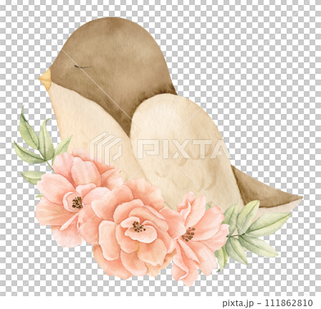 Bird with rose flowers. Watercolor illustration of forest animal with plants in pastel colors. Drawing of woodland character for baby shower greeting cards or childish invitations. Design for kids. Bird with rose flowers. Watercolor illustration of forest animal with plants in pastel colors. Drawing of woodland character for baby shower greeting cards or childish invitations. Design for kids. 111862810