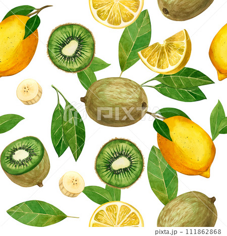 Watercolor seamless background. Ripe fruits: kiwi, banana slices, lemons, fruit slices, leaves, hand painted with watercolors. For printing on fabric and paper, kitchen, dishes 111862868