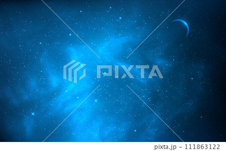 Night sky. Starry background with planet. Blue galaxy with realistic clouds. Glowing cosmos texture. Deep space backdrop. Shining nebula with stars. Vector illustration Night sky. Starry background with planet. Blue galaxy with realistic clouds. Glowing cosmos texture. Deep space backdrop. Shining nebula with stars. Vector illustration 111863122
