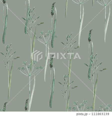 Watercolor illustration grass seamless pattern. Hand drawn background with field flower and green leaves on isolated background. Vintage wallpaper with herbs and wildflowers Watercolor illustration grass seamless pattern. Hand drawn background with field flower and green leaves on isolated background. Vintage wallpaper with herbs and wildflowers 111863139