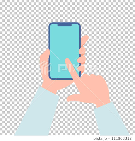 Overhead view of hand operating a smartphone 111863318