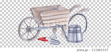 Watercolor garden tools. Illustration isolated on white. Watering can, wheelbarrow, hand trowels, fork for flowering and gardening. Watercolor illustration for the design of books, magazines Watercolor garden tools. Illustration isolated on white. Watering can, wheelbarrow, hand trowels, fork for flowering and gardening. Watercolor illustration for the design of books, magazines 111863337