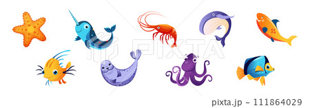 Cute Sea Animals and Marine Creature Floating in Ocean Vector Set Cute Sea Animals and Marine Creature Floating in Ocean Vector Set 111864029