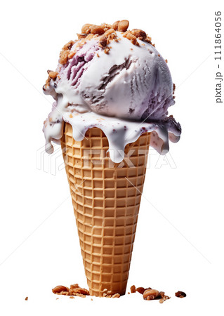 AI-generated content. Scoops of melting blueberry ice cream in a waffle cone with scattered nuts isolated on white background 111864056