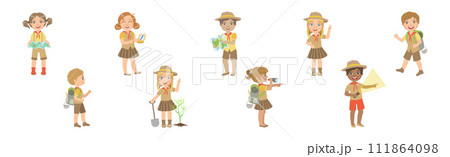Happy Kid Scout Character in Khaki Uniform Vector Set Happy Kid Scout Character in Khaki Uniform Vector Set 111864098