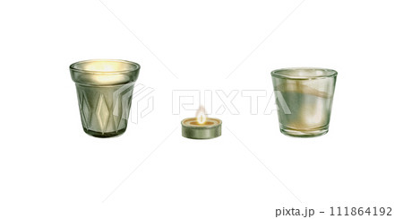 Set of wax candles. Watercolor illustration of a burning glass candle Good for compositions spa, yoga, booklets for salons,religious compositions. 111864192