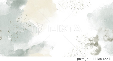 Watercolor art seamless background. Sundial and sage leaf color watercolour texture for cards, flyers, poster, banner. Brushstrokes and splashes. Painted template for design. 111864221