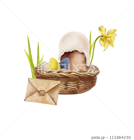 Easter set in watercolor. Wicker basket, Easter cake, eggs, daffodil, leaves and an envelope with a wax seal. For prints, postcards, greeting,textile. Easter set in watercolor. Wicker basket, Easter cake, eggs, daffodil, leaves and an envelope with a wax seal. For prints, postcards, greeting,textile. 111864230