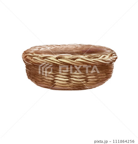 Watercolor old wicker basket Isolate illustration on white background in vintage style.Wicker brown basket made of natural material-vines. Watercolor old wicker basket Isolate illustration on white background in vintage style.Wicker brown basket made of natural material-vines. 111864256