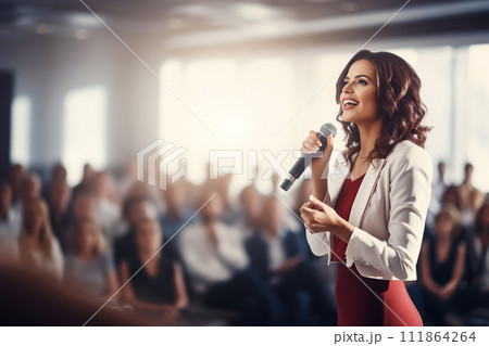 AI-generated content. Motivational female speaker with microphone speaking on stage 111864264