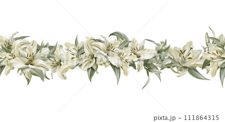 Seamless border of white lilies in digital watercolor clipart.Decoration for sites,wedding, Communion, christening, decoration of religious printed products. 111864315